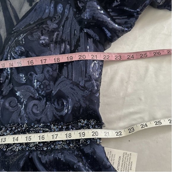 NWT $598 Mac Duggal [ 18 ] Damask Sequin Long‎ Sleeve Gown in Midnight Blue - Picture 5 of 16